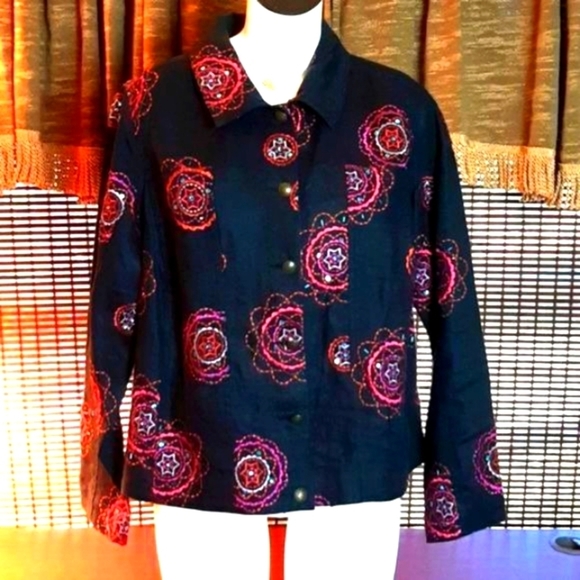 Saint  Tropez  West‎ 100 % Linen Black Beaded Sequin Jacket 1X - Picture 1 of 11